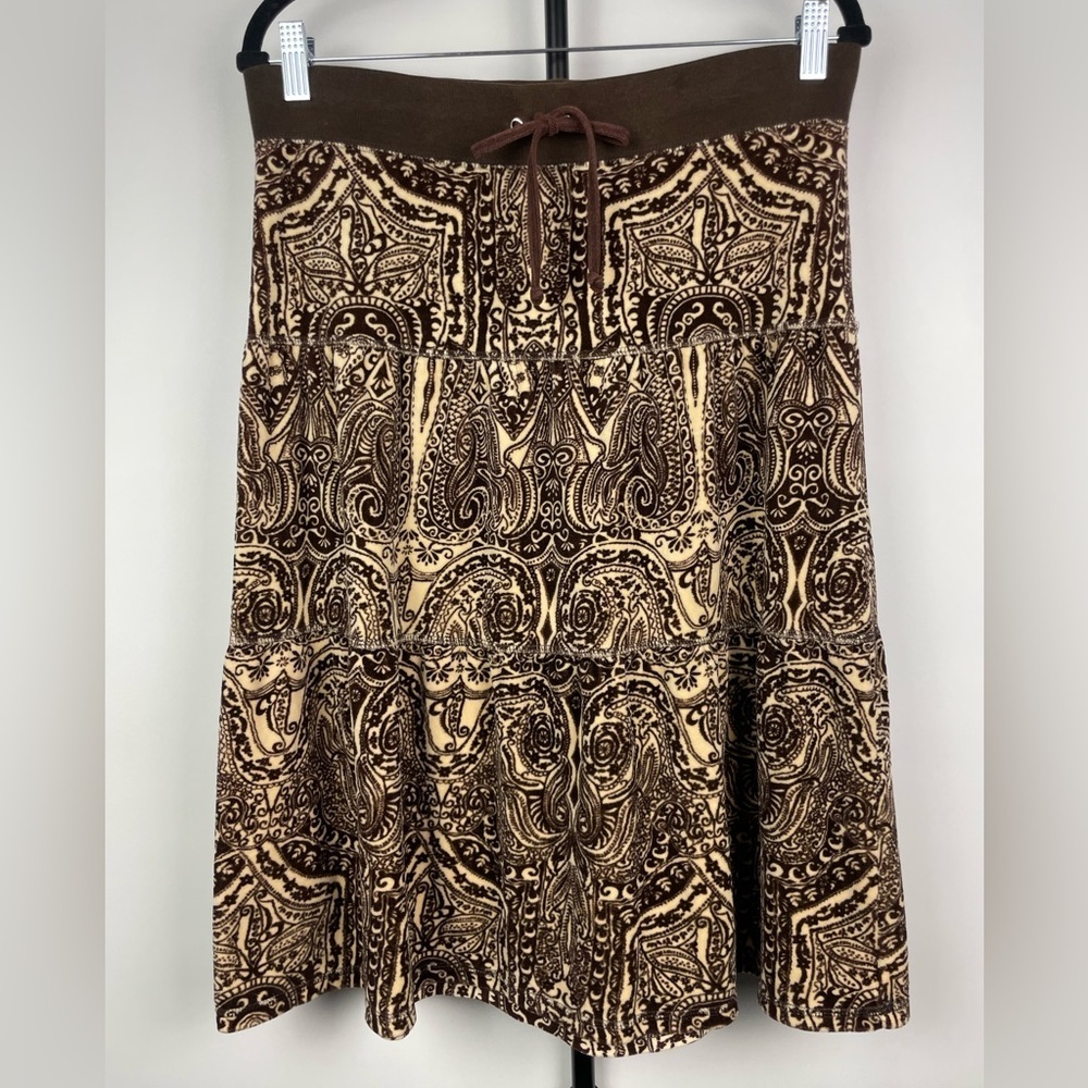 Vintage Y2K Brown Juicy‎ Couture Paisley Pattern Velour Velvet Tiered Skirt